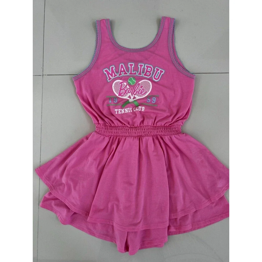Malibu Barbie Sleeveless Graphic Print Romper Flowy Skirt Skort Tennis L 10-12